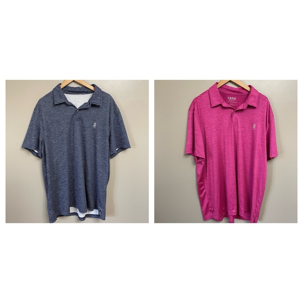 Izod Golf set of 2 men’s XL shirts polo stretch pink blue golf Athleisure resort